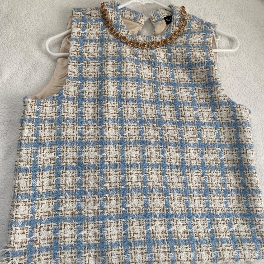 Sister Jane Blue and Cream Tweed Top with Chain Accent